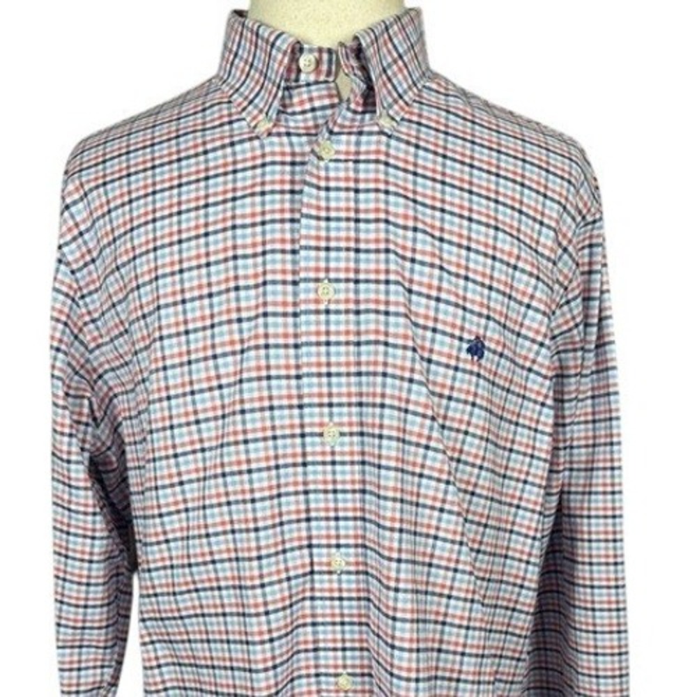 Brooks Brothers 346 Mens XL Slim Fit Non-Iron Supima Cotton Plaid Shirt Blue Red